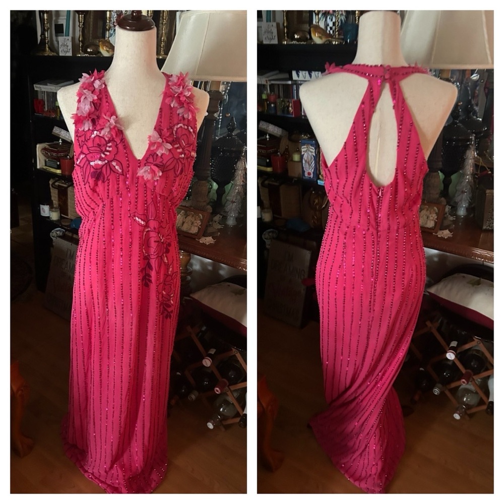 Hot Pink Floral Sequined Prom Gown - Picture 9 of 16